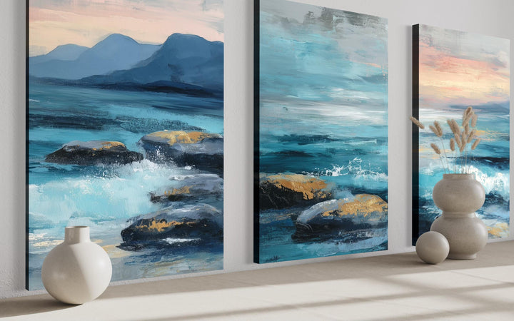 Coastal Ocean Set of 3 Canvas Wall Art – Blue Teal Waves On The Beach