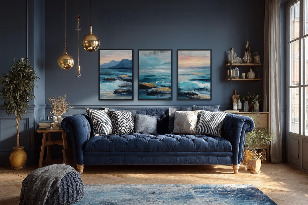 Coastal Ocean Set of 3 Canvas Wall Art – Blue Teal Waves On The Beach