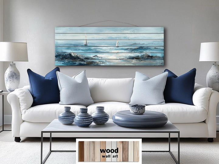 Coastal Sailing Boats Seascape Distressed Wood Wall Art