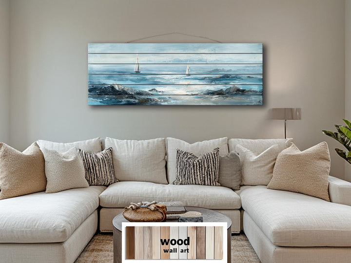 Coastal Sailing Boats Seascape Distressed Wood Wall Art
