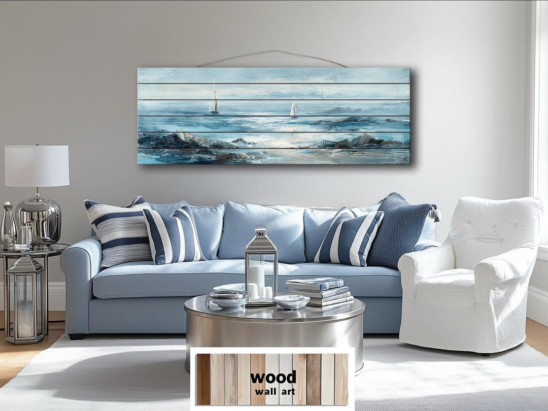 Coastal Sailing Boats Seascape Distressed Wood Wall Art