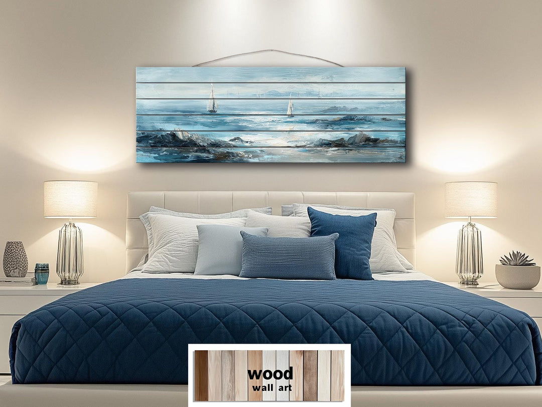 Coastal Sailing Boats Seascape Distressed Wood Wall Art