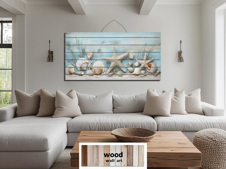 Coastal Sea Shells and Starfish Distressed Wood Wall Art