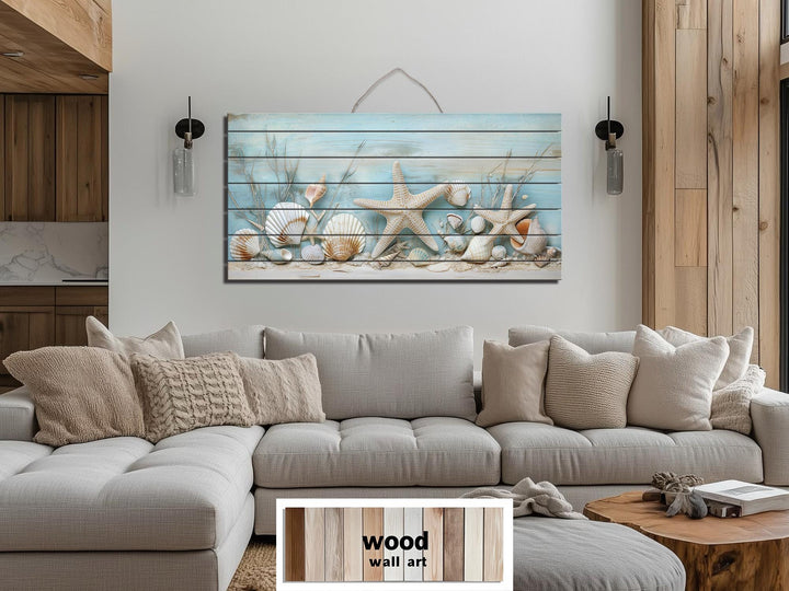 Coastal Sea Shells and Starfish Distressed Wood Wall Art