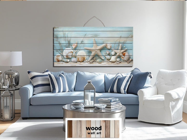 Coastal Sea Shells and Starfish Distressed Wood Wall Art