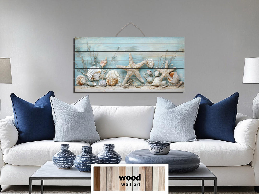 Coastal Sea Shells and Starfish Distressed Wood Wall Art