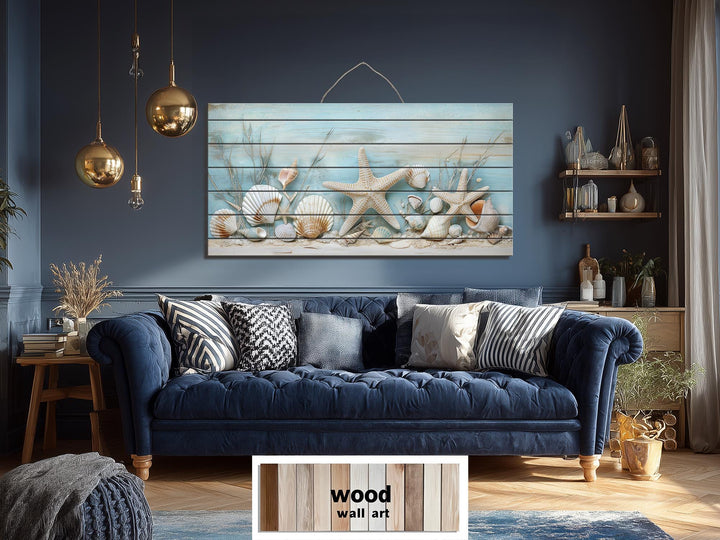 Coastal Sea Shells and Starfish Distressed Wood Wall Art