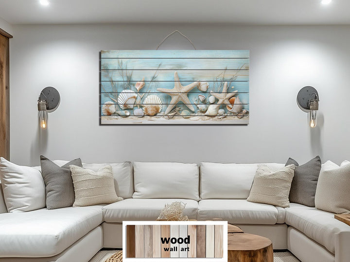 Coastal Sea Shells and Starfish Distressed Wood Wall Art