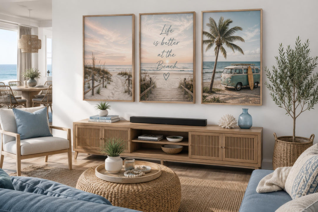 Set of three coastal canvas prints featuring beach scenes and Life is Better at the Beach text.