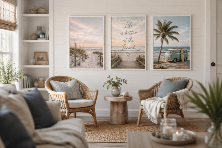 Set of three coastal canvas prints featuring beach scenes and the quote Life is better at the beach.