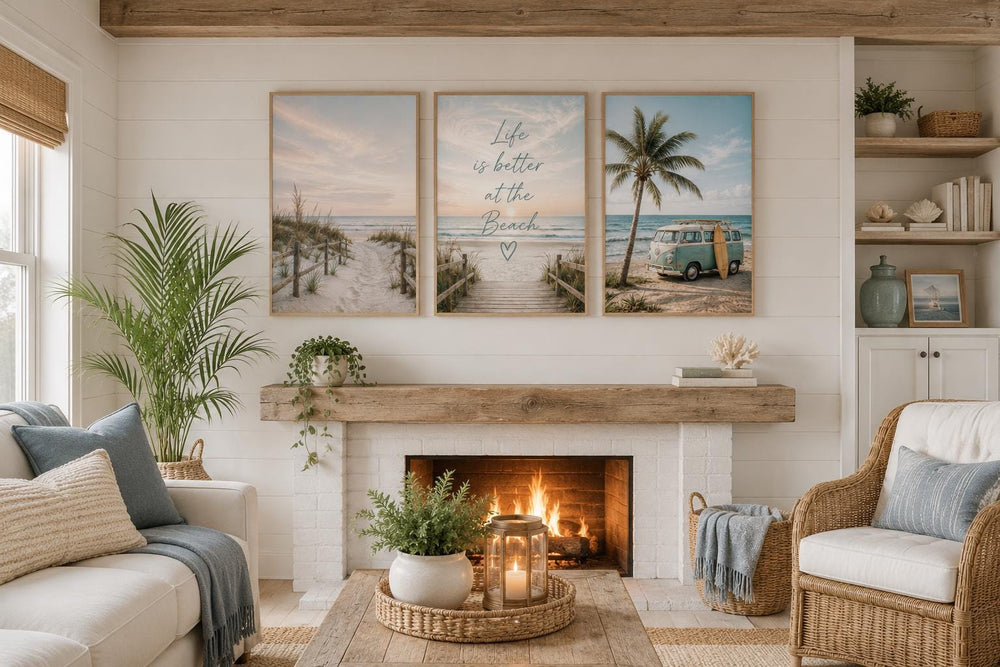 Set of three coastal canvas prints featuring beach scenes and the quote Life is better at the beach.