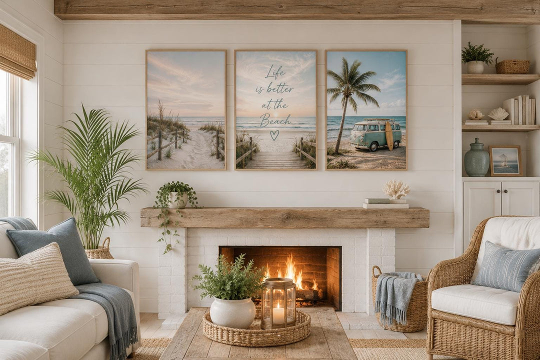 Set of three coastal canvas prints featuring beach scenes and the quote Life is better at the beach.