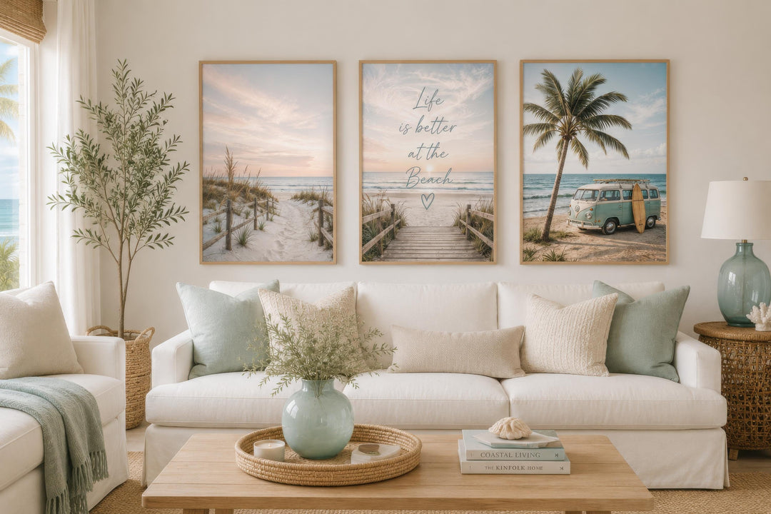 Set of three coastal canvas prints featuring beach scenes and Life is Better at the Beach text.