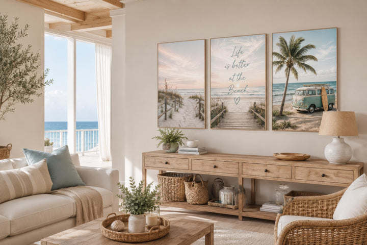 Set of three coastal canvas prints featuring beach scenes and Life is better at the beach text.