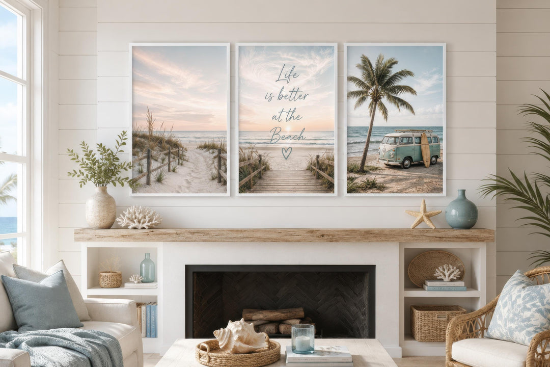 Set of three coastal canvas prints featuring beach scenes and the quote Life is better at the beach.