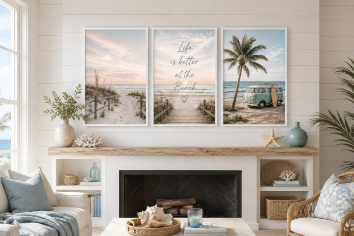 Set of three coastal canvas prints featuring beach scenes and the quote Life is better at the beach.