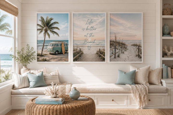 Set of three coastal canvas prints featuring beach scenes and Life is Better at the Beach text.