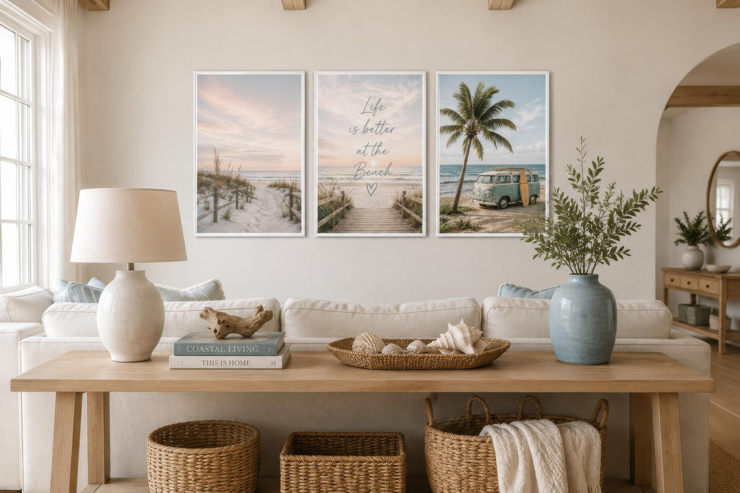 Set of three coastal canvas prints featuring beach scenes and the text Life is better at the beach.