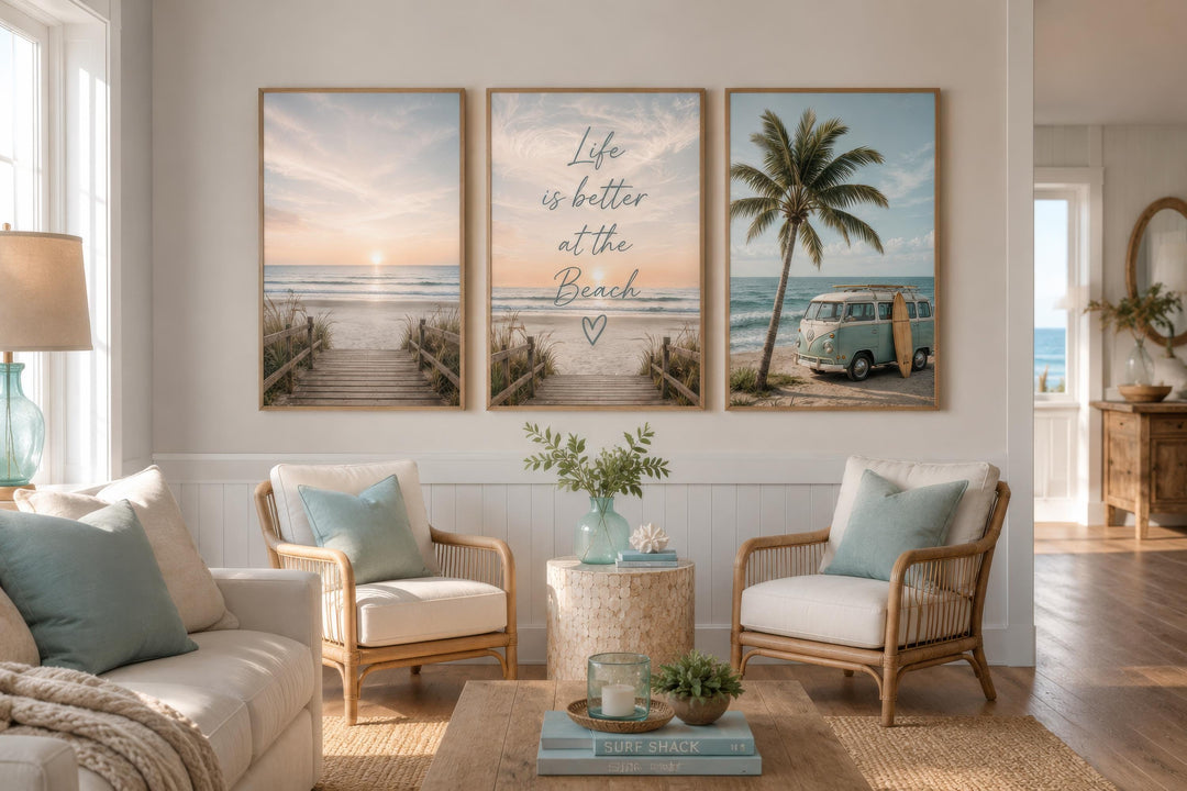 Set of three coastal canvas prints featuring beach scenes and the text Life is better at the Beach.