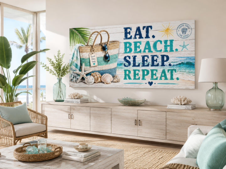 Coastal wall art canvas with "Eat. Beach. Sleep. Repeat." text and beach bag illustration.