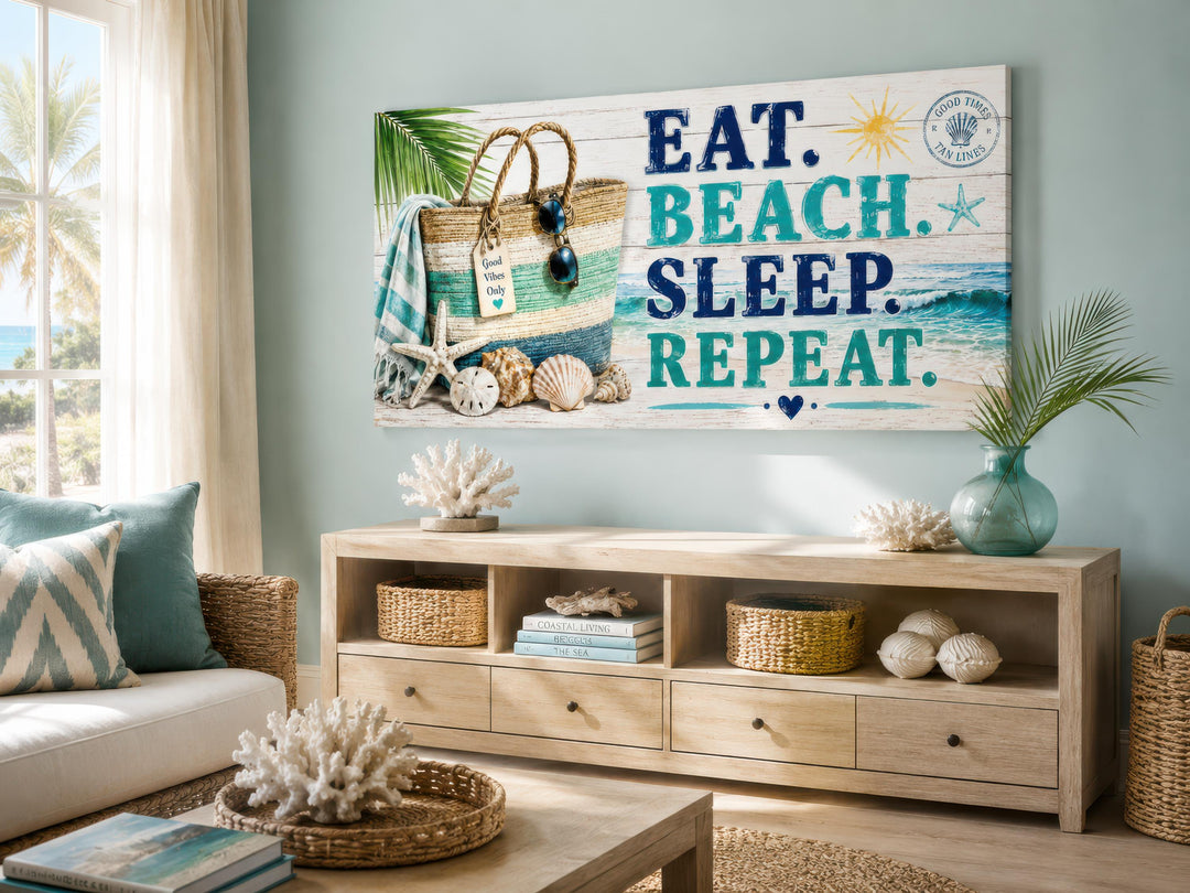 Coastal wall art canvas with "Eat. Beach. Sleep. Repeat." text above a wooden console table.
