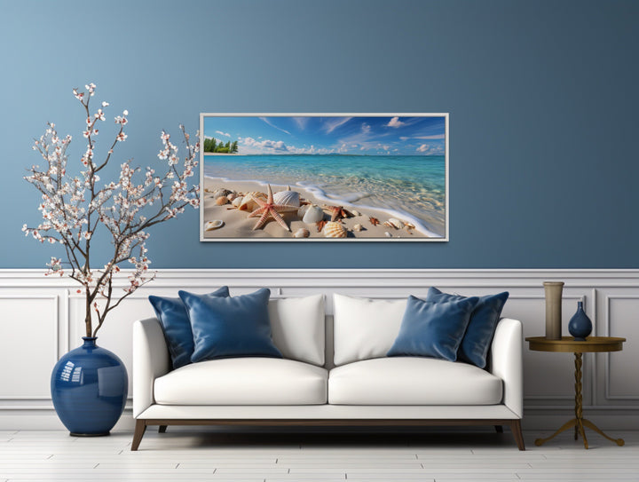 Coastal Wall Art – Framed Beach Canvas Print With Starfish & Sea Shells Decor