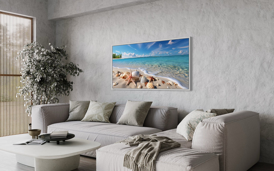 Coastal Wall Art – Framed Beach Canvas Print With Starfish & Sea Shells Decor