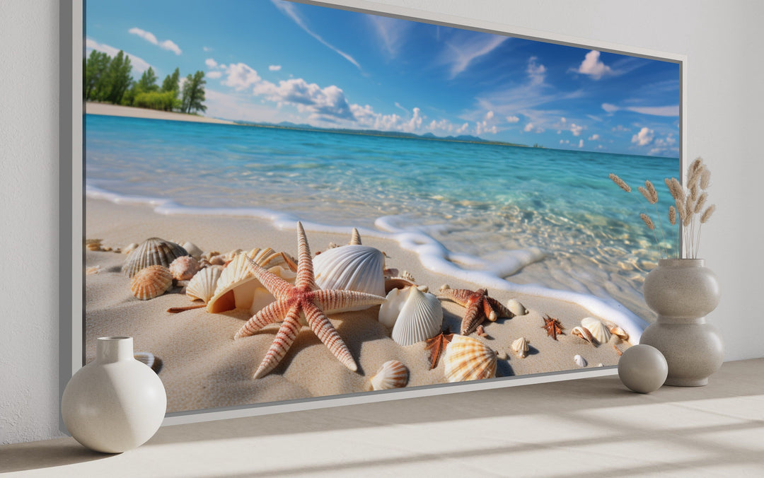 Coastal Wall Art – Framed Beach Canvas Print With Starfish & Sea Shells Decor