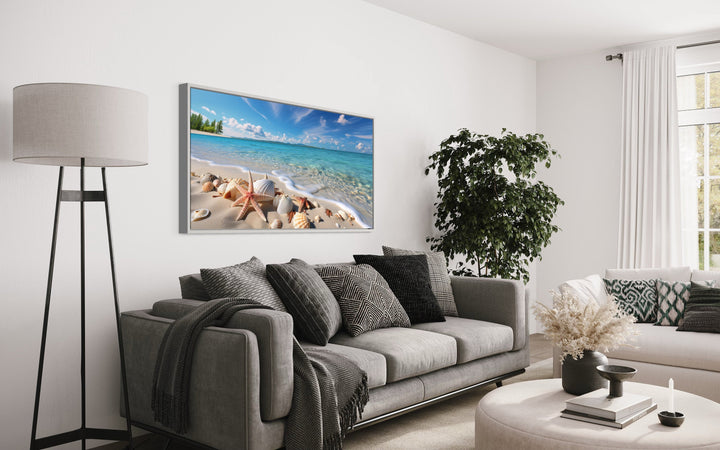 Coastal Wall Art – Framed Beach Canvas Print With Starfish & Sea Shells Decor