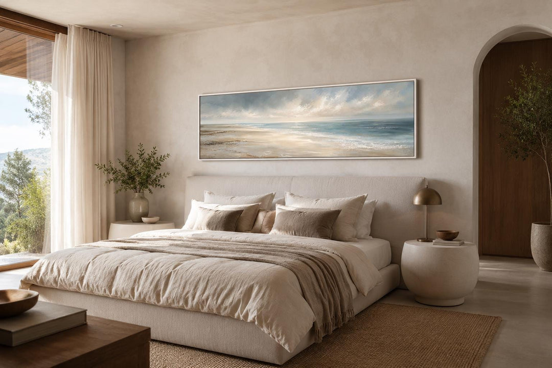 Long horizontal ocean seascape canvas with soft clouds and gentle waves above a neutral bed.