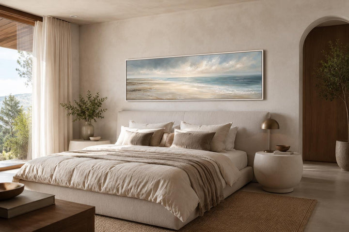 Long horizontal ocean seascape canvas with soft clouds and gentle waves above a neutral bed.