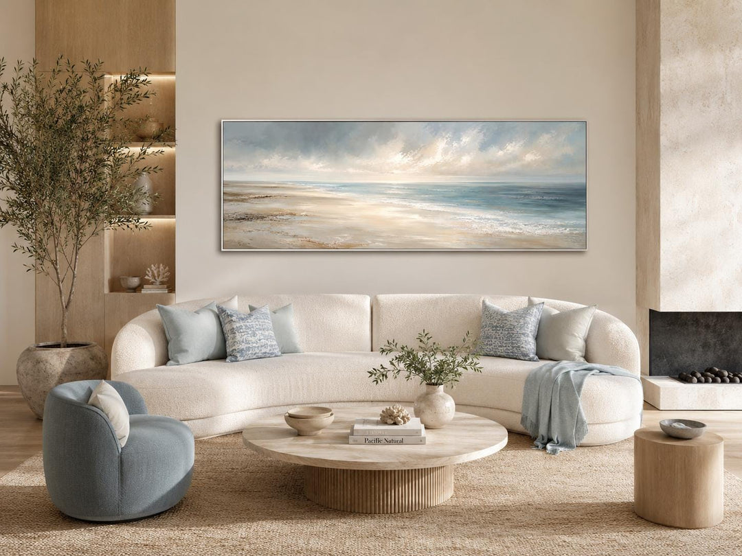 Long horizontal coastal wall art featuring a serene ocean seascape with soft clouds and waves.