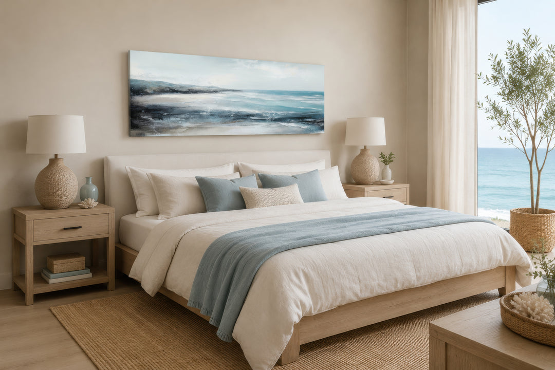 Long narrow coastal wall art of an ocean beach scene hanging over a bed in a neutral bedroom.