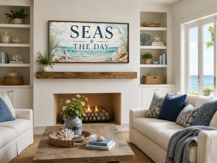 Coastal wall art canvas with "Seas the Day" text above a fireplace in a beach-themed living room.