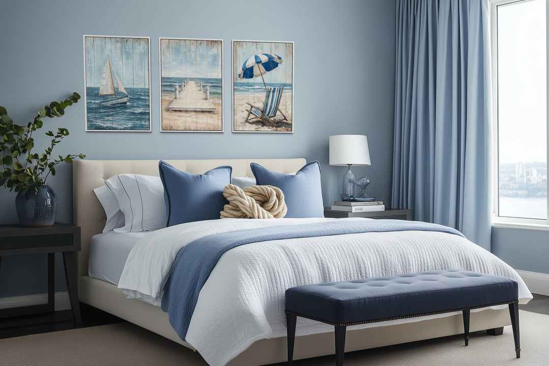 Coastal wall art set of three nautical canvas prints featuring a sailboat, beach pier, and umbrella.