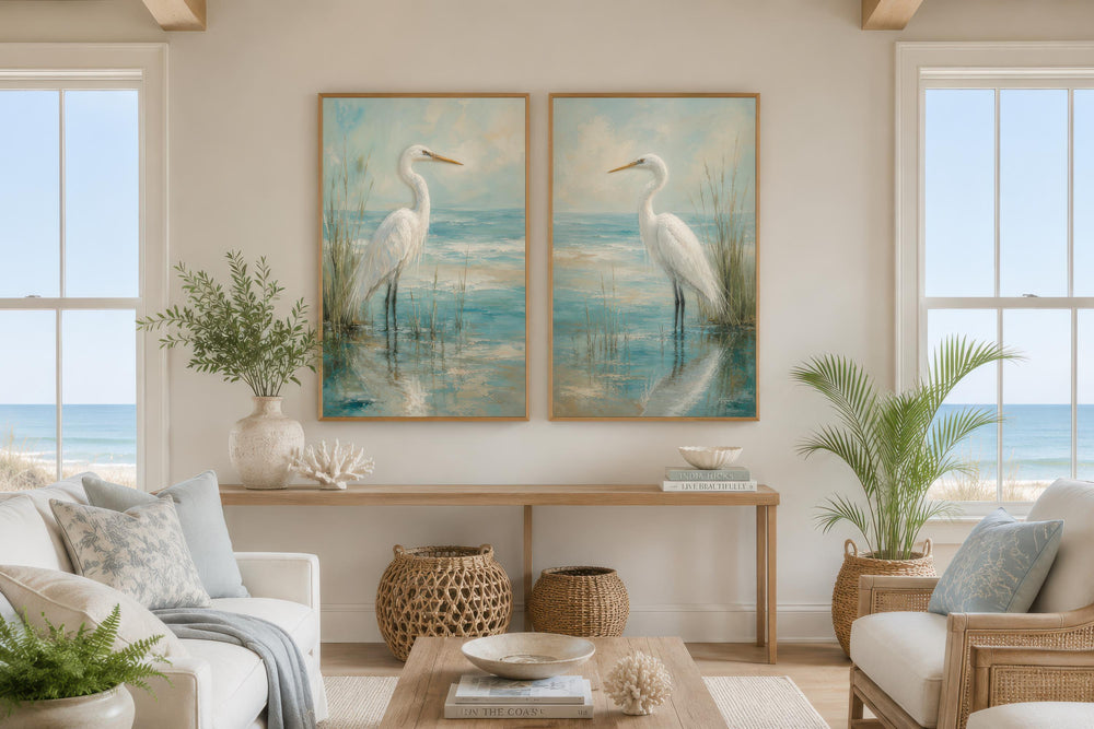 Set of two vertical canvas prints featuring white egrets in a blue-teal coastal marsh.