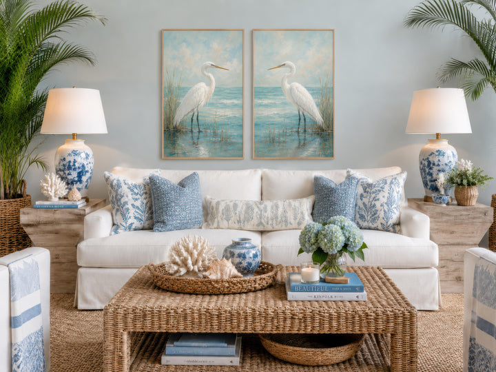 Set of two vertical white egret paintings in a coastal living room above a white sofa.
