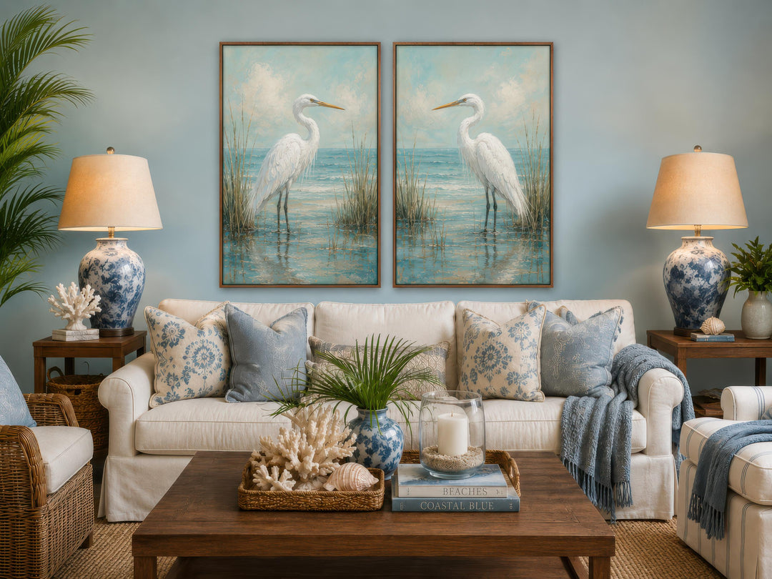 Set of two vertical canvas prints featuring white egrets in a blue-teal coastal marsh.