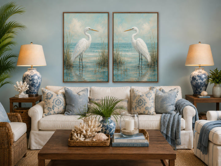 Set of two vertical canvas prints featuring white egrets in a blue-teal coastal marsh.