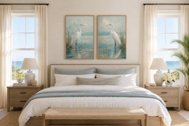 Set of two white egret canvas paintings in a coastal bedroom with blue and white bedding.