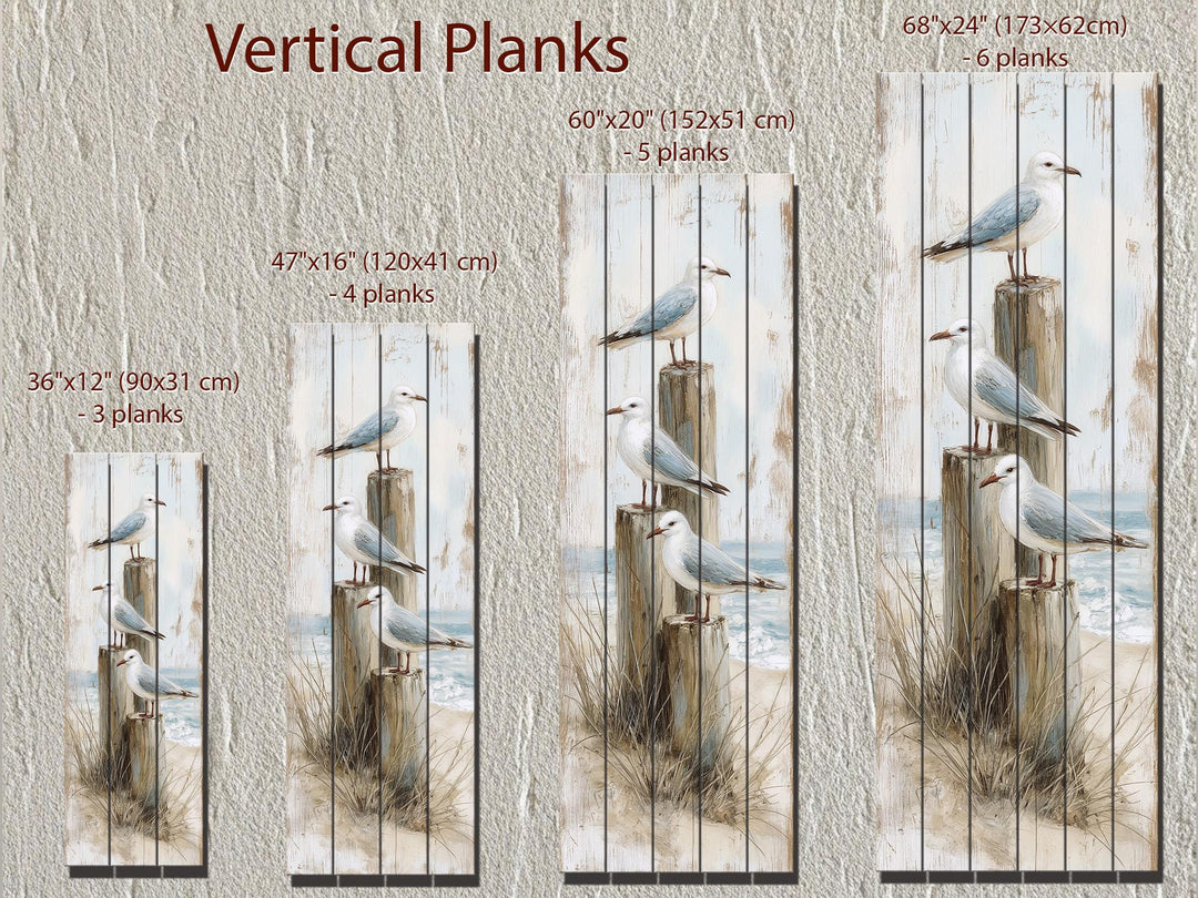 Coastal wood wall art featuring seagulls on posts in four sizes with vertical wood planks.
