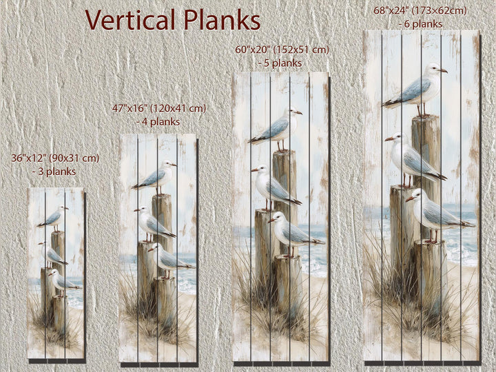 Coastal wood wall art featuring seagulls on posts in four sizes with vertical wood planks.