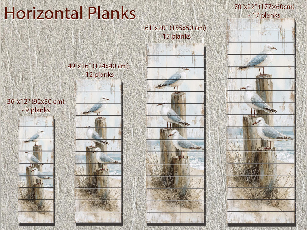 Coastal wood wall art featuring seagulls on posts in four sizes with horizontal plank details.