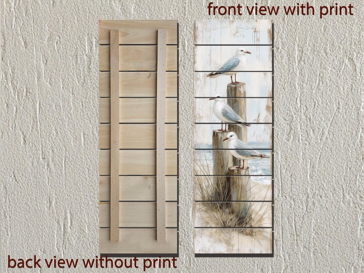 Coastal wood wall art featuring seagulls on posts with a distressed beach print and back view.