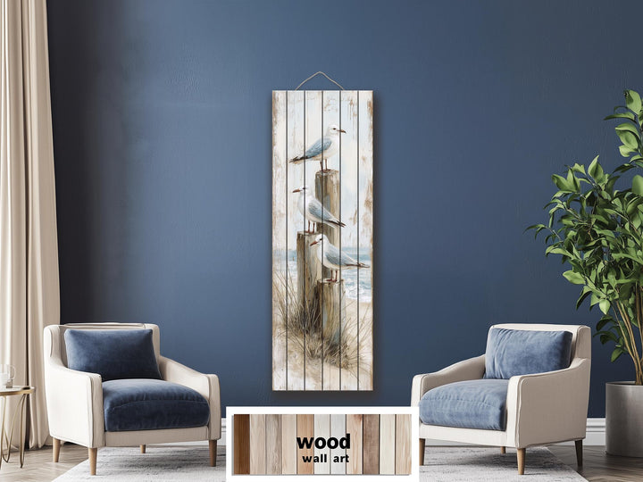 Tall narrow coastal wood wall art featuring seagulls perched on posts with a distressed finish.