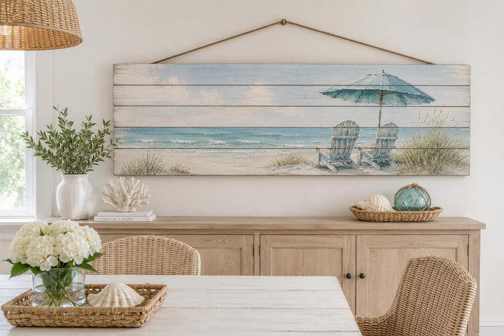 Coastal Wood Wall Art – Two Adirondack Chairs & Beach Umbrella Ocean Scene for Beach House Decor