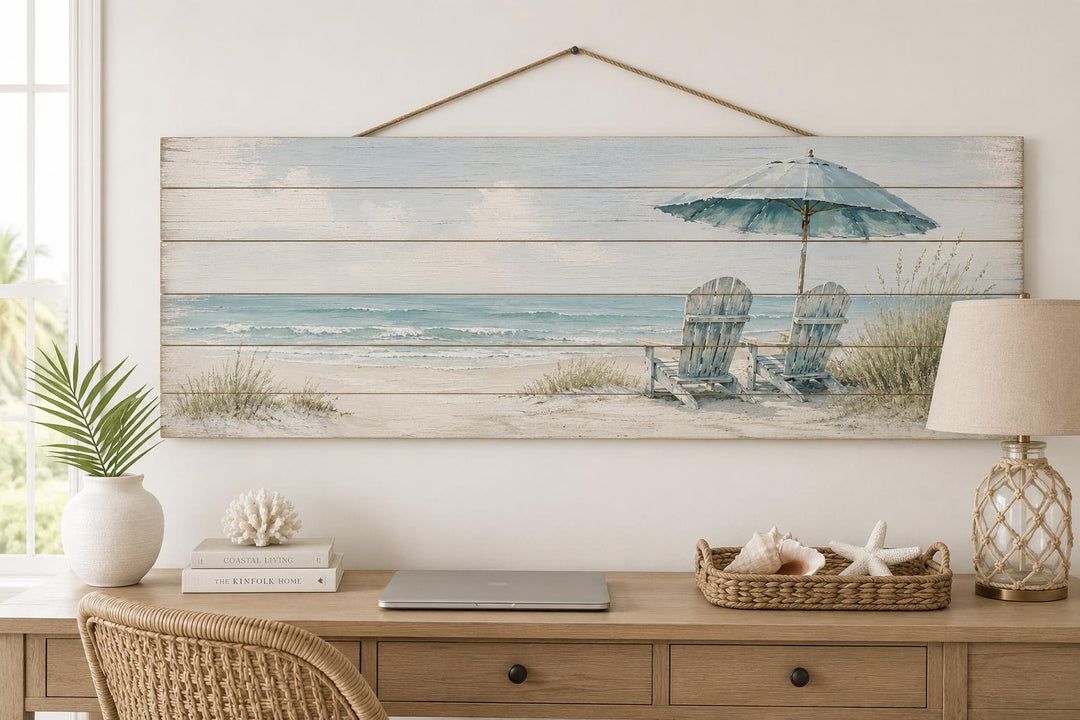 Coastal Wood Wall Art – Two Adirondack Chairs & Beach Umbrella Ocean Scene for Beach House Decor
