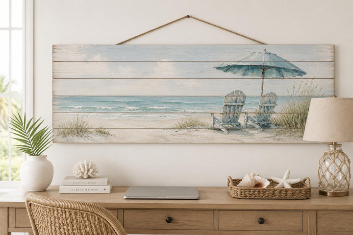 Coastal Wood Wall Art – Two Adirondack Chairs & Beach Umbrella Ocean Scene for Beach House Decor