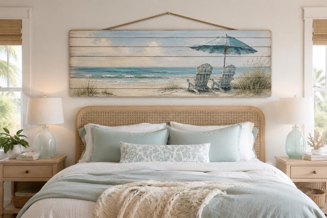 Coastal Wood Wall Art – Two Adirondack Chairs & Beach Umbrella Ocean Scene for Beach House Decor