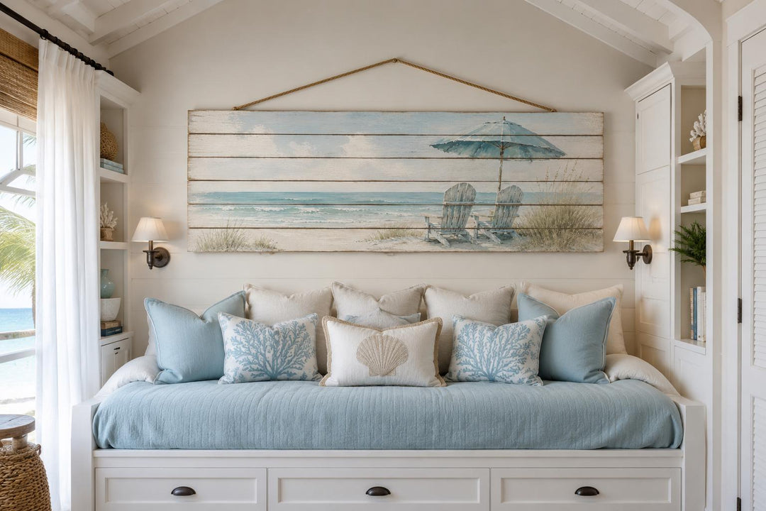 Coastal Wood Wall Art – Two Adirondack Chairs & Beach Umbrella Ocean Scene for Beach House Decor